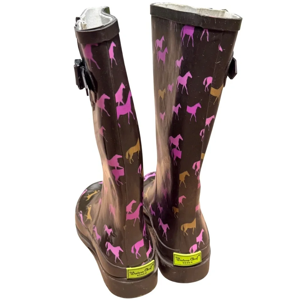 Western Chief Rain Boots Womens 6 Espresso Brown Rubber Horse Print Tall Western